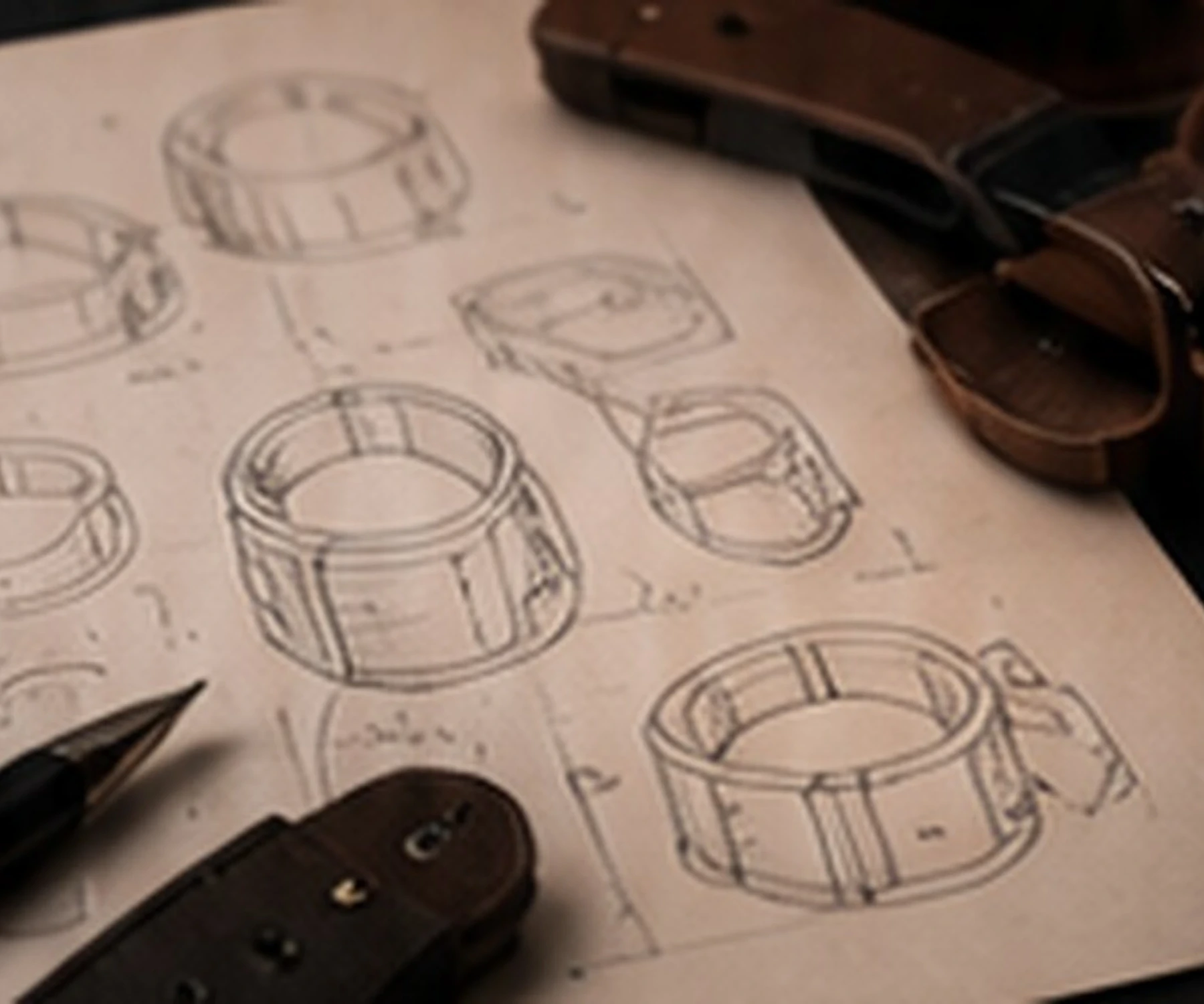 Custom product design sketches and leather samples