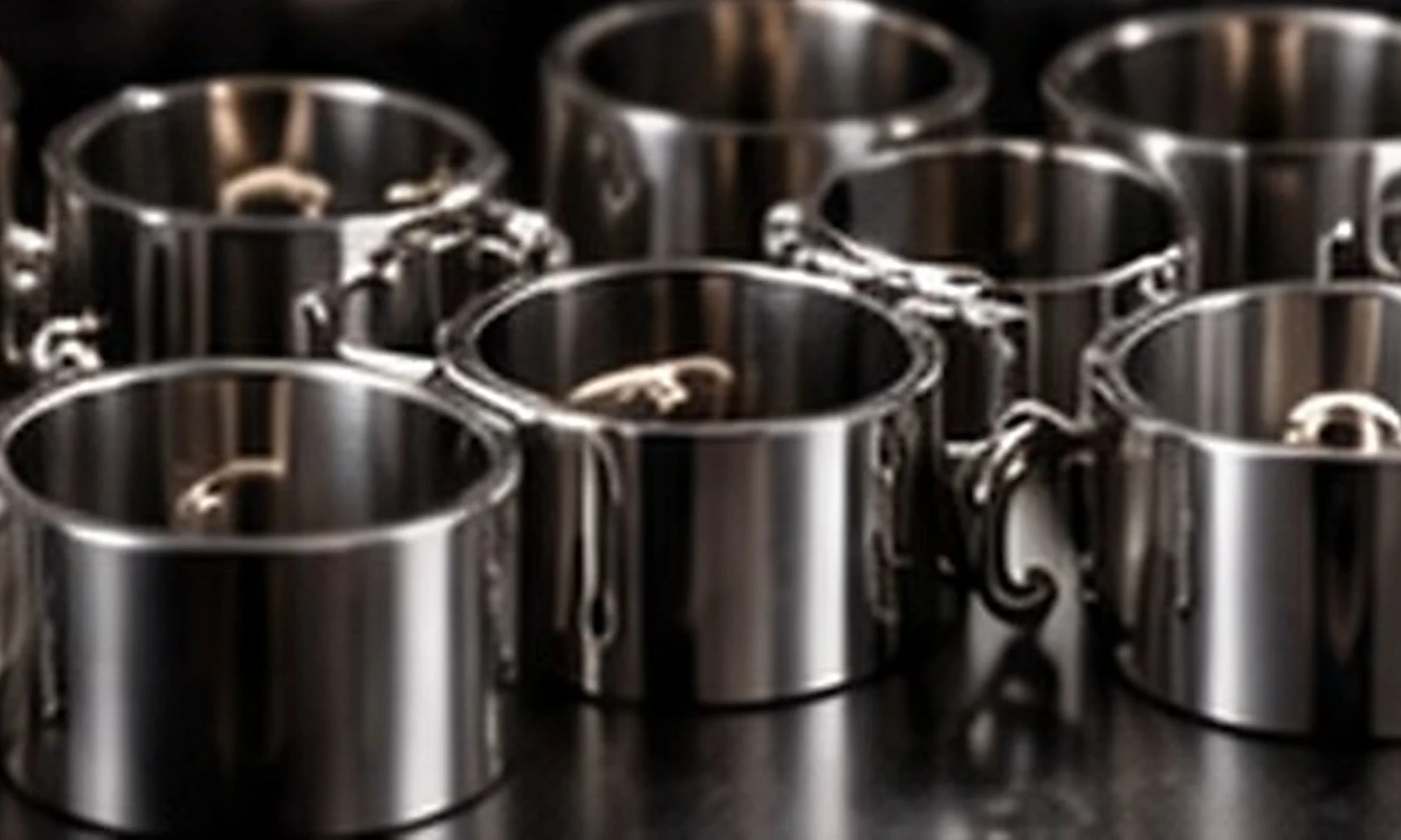 A production run of polished steel cuffs